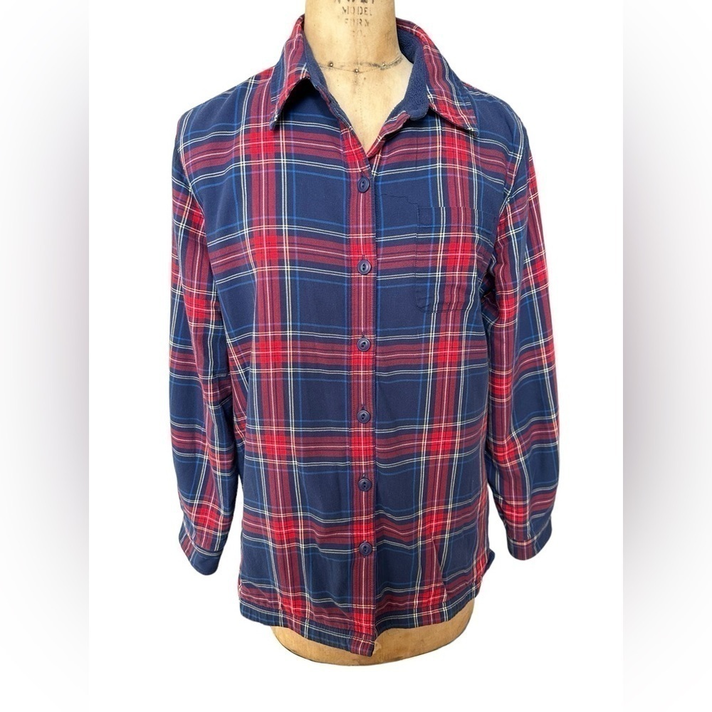 LL Bean Womens Button Front Flannel Blue Red Plaid Fleece Lined S has flaw